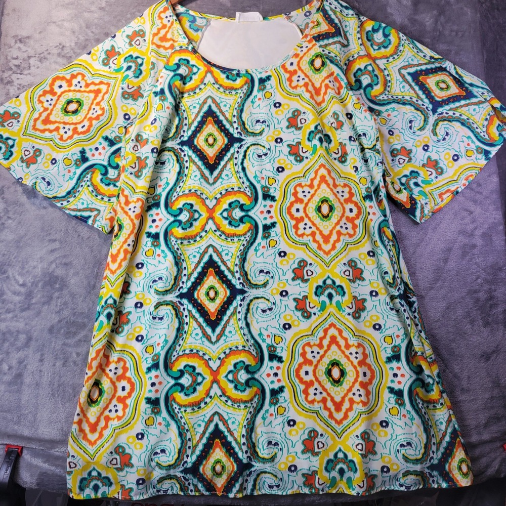 Peach Love California Womens L Paisley Medallion Shift Dress Orange Teal Retro